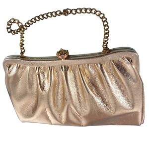 Vintage Gold Satin Ruched Evening Clutch | Champagne Kiss Lock Purse
